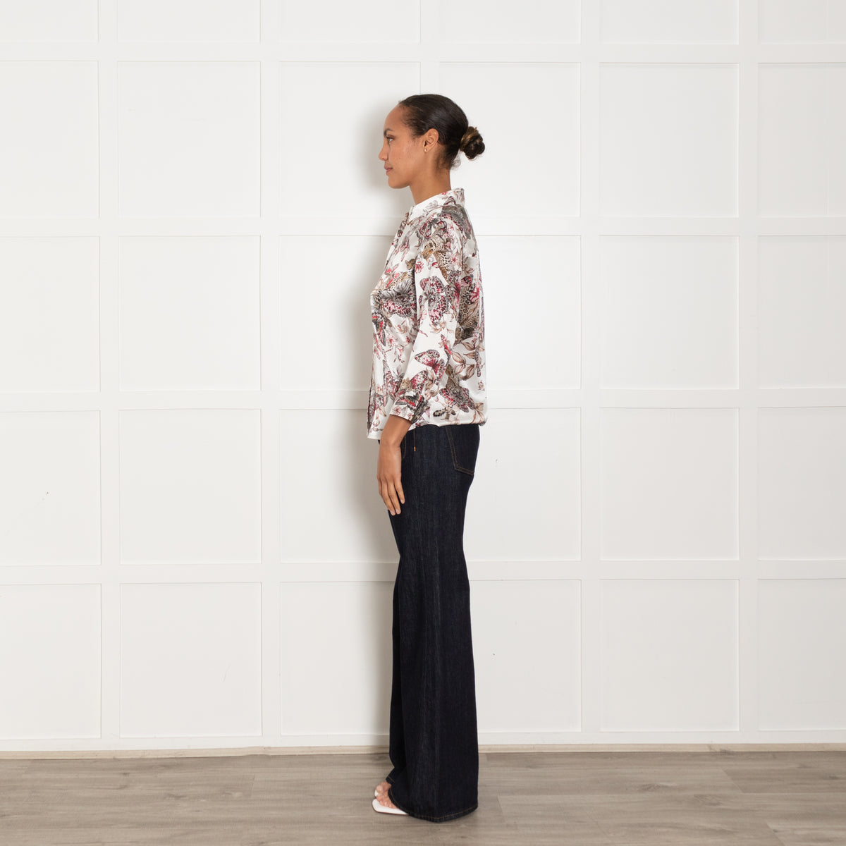L'AGENCE White Grey Pink Butterfly Print Silk Top