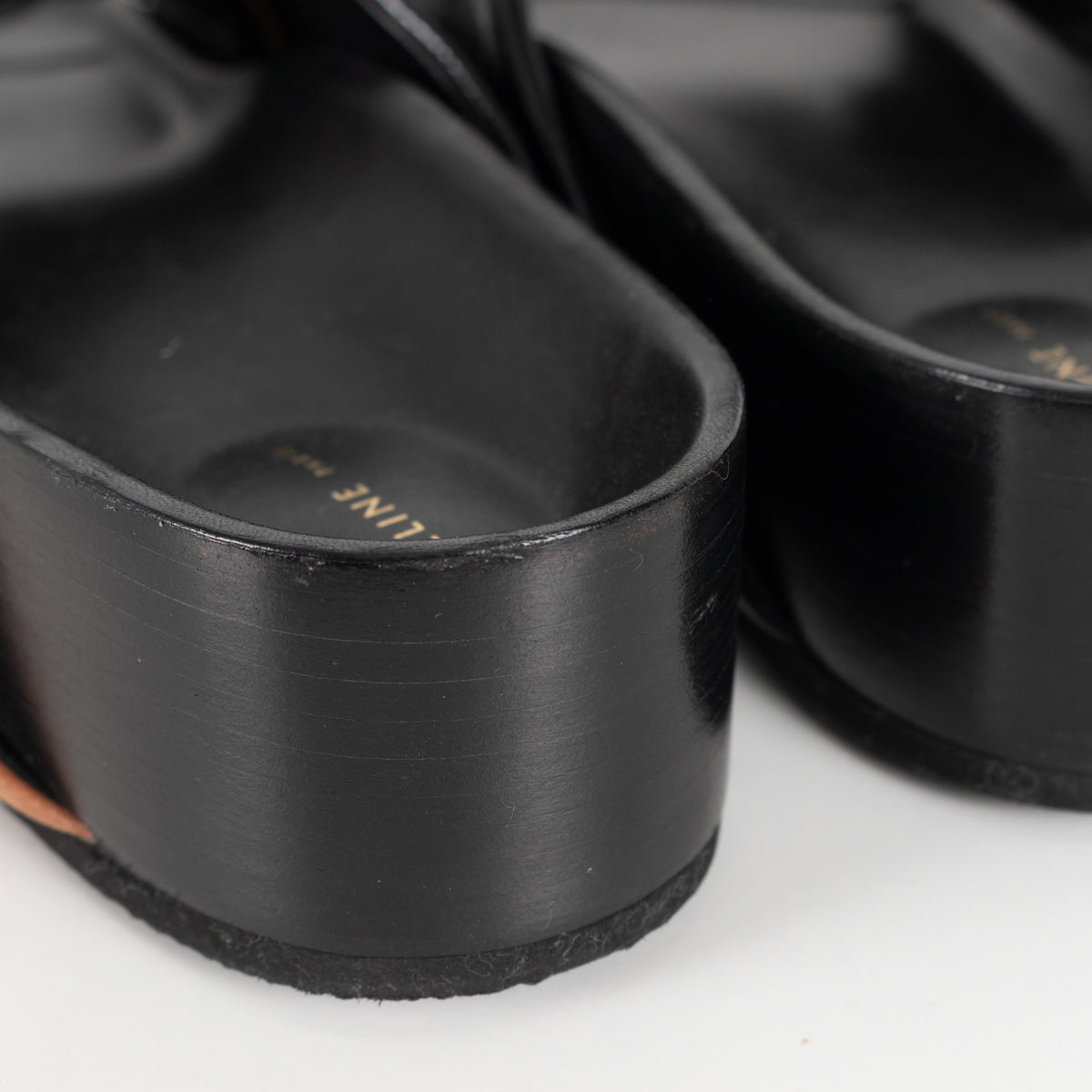 Celine Black Patent Tan Leather Twist Sandals