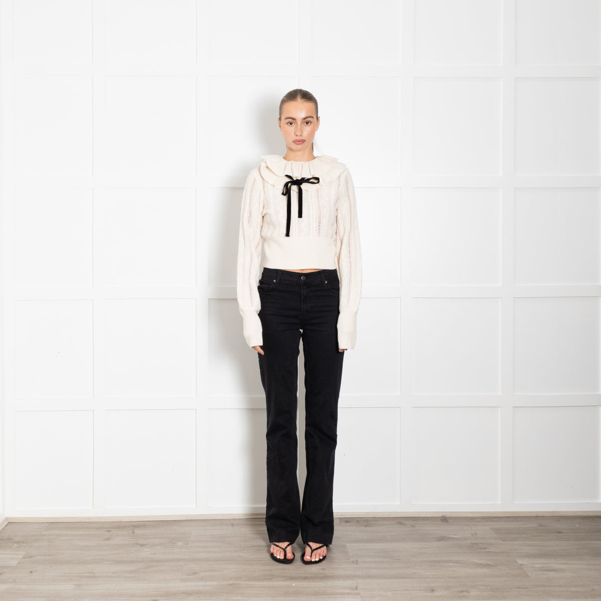 Zimmermann Tiered Frill Wool Jumper With Black Velvet Neck Tie