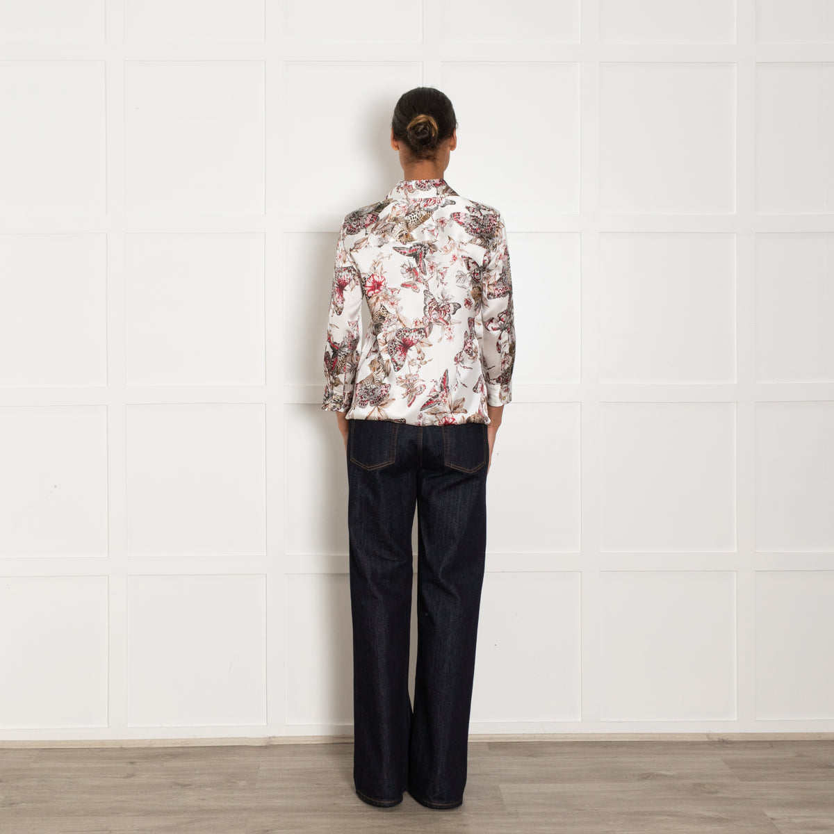 L'AGENCE White Grey Pink Butterfly Print Silk Top