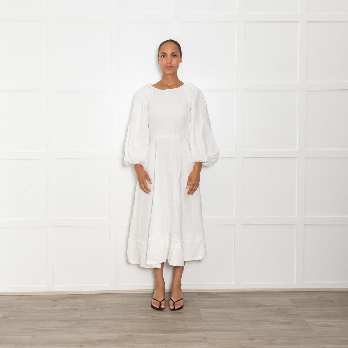 Ssone Cream Linen Puff Sleeve Raw Edge Open Back Dress
