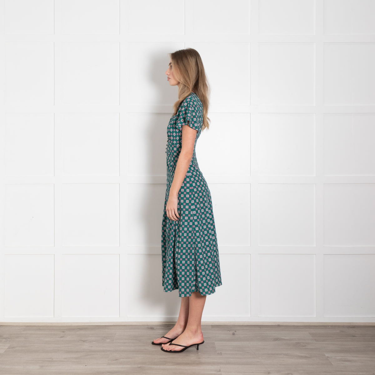 Sandro Green Burgundy Geometric Print V-Neck Midi Dress