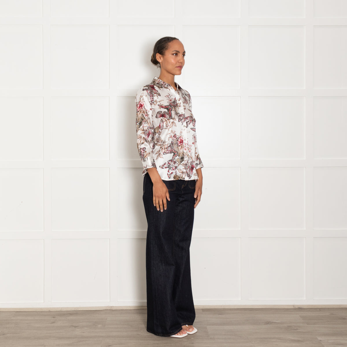 L'AGENCE White Grey Pink Butterfly Print Silk Top