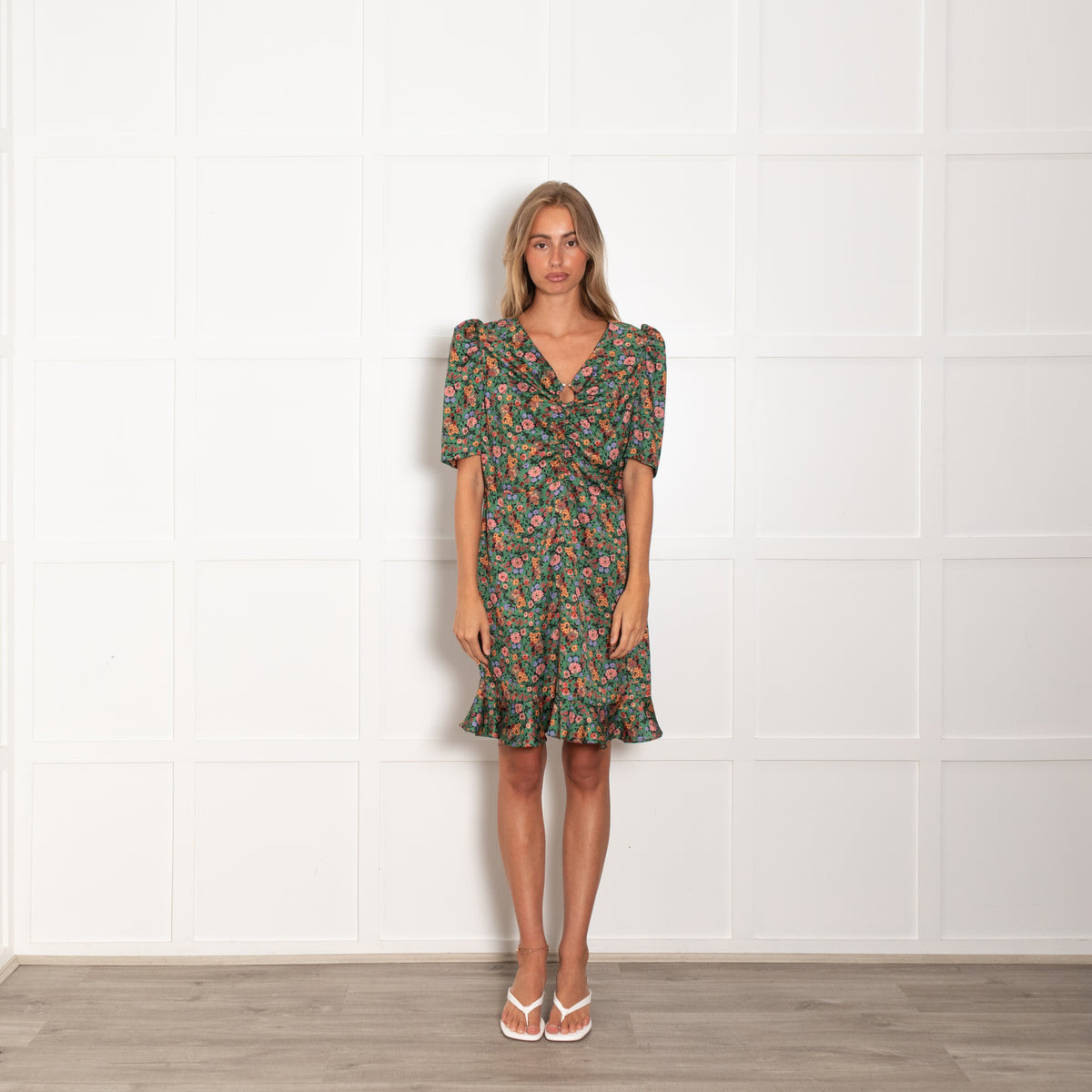 Sandro Green Orange Flower Mix V Neck Bottom Frill