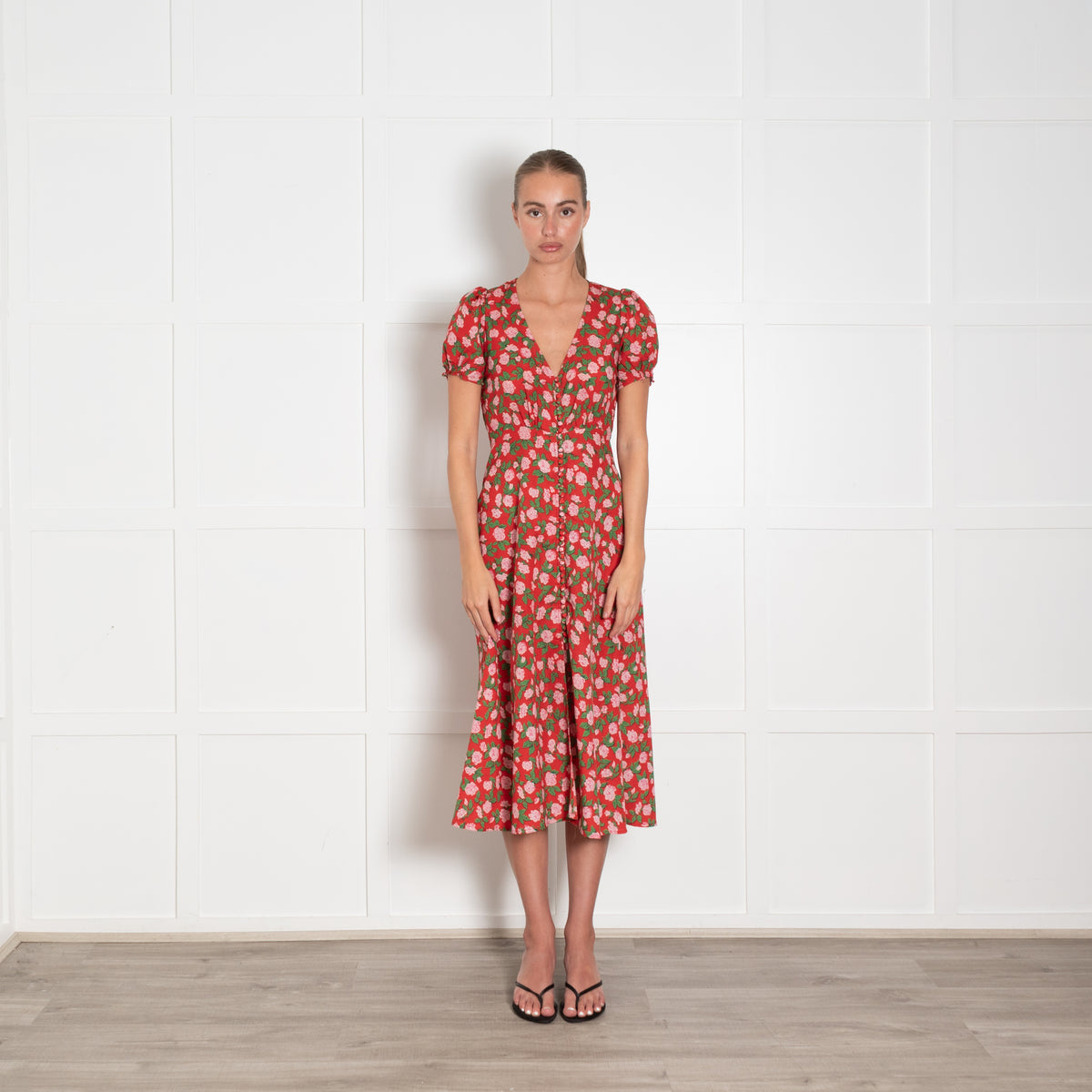 The Kooples Red Pink Green Floral Front Button Midi Dress