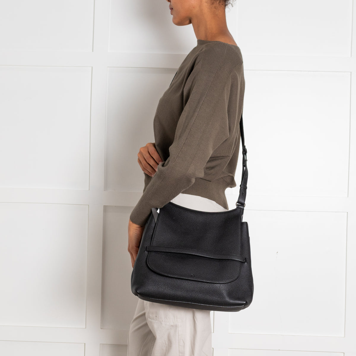 The Row Black Grained Leather Hunting Bag