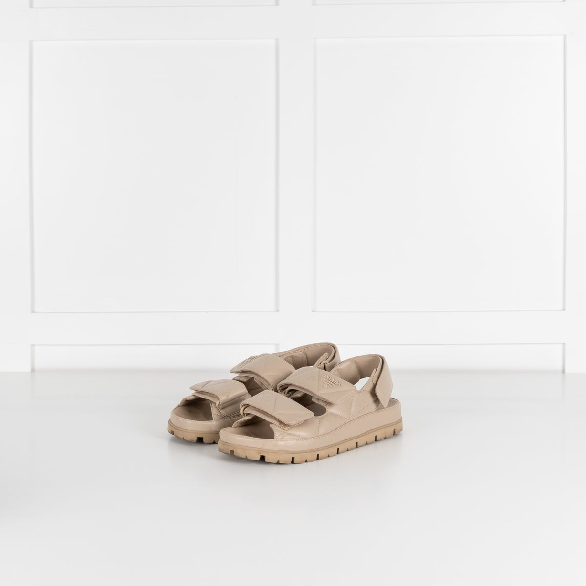 Prada Beige Monolith Quilted Leather Sandals With Chunky Sole