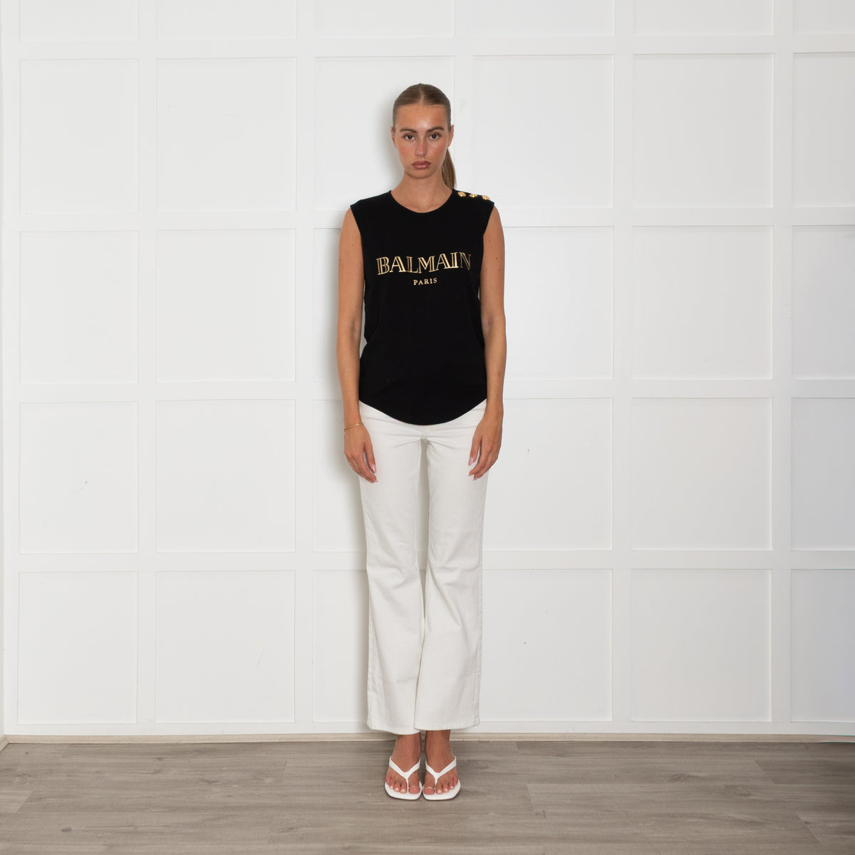 Balmain Sleeveless Gold Logo T-Shirt
