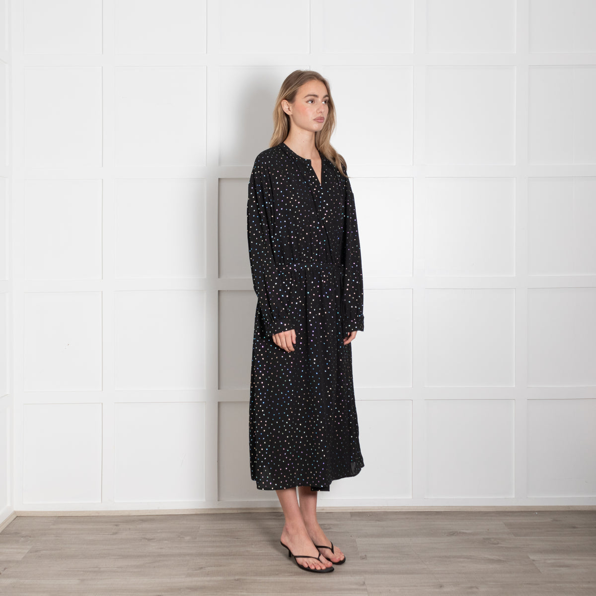 Essentiel Antwerp Black Wrap Dress with Metallic Polka Dots