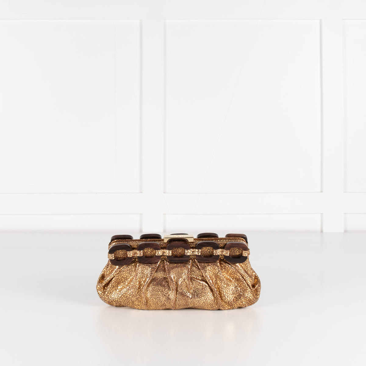 Anya Hindmarch Gold Crinkle Clutch with Wooden Link Detail