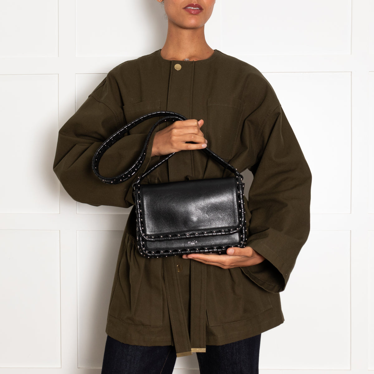Alaia Black Leather Silver Stud Hinge Flap Crossbody Bag