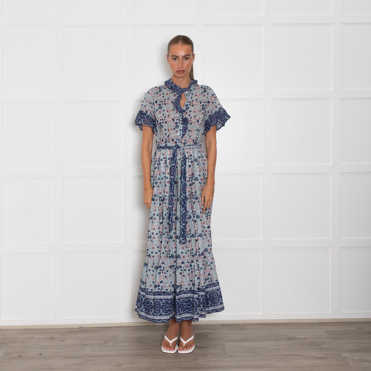 Mille Pale Blue Pink Floral Cotton Short Sleeve Maxi Dress