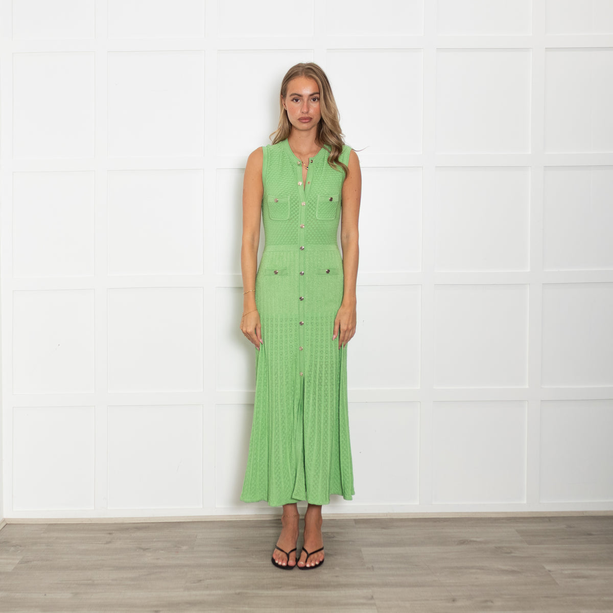 Sandro Green Lurex Knit Midi Dress with Gold Buttons