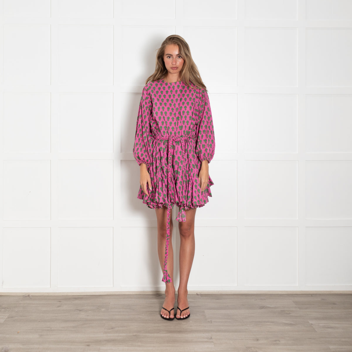 Rhode Resort Pink Green Floral Print Belted Sleeved Dress