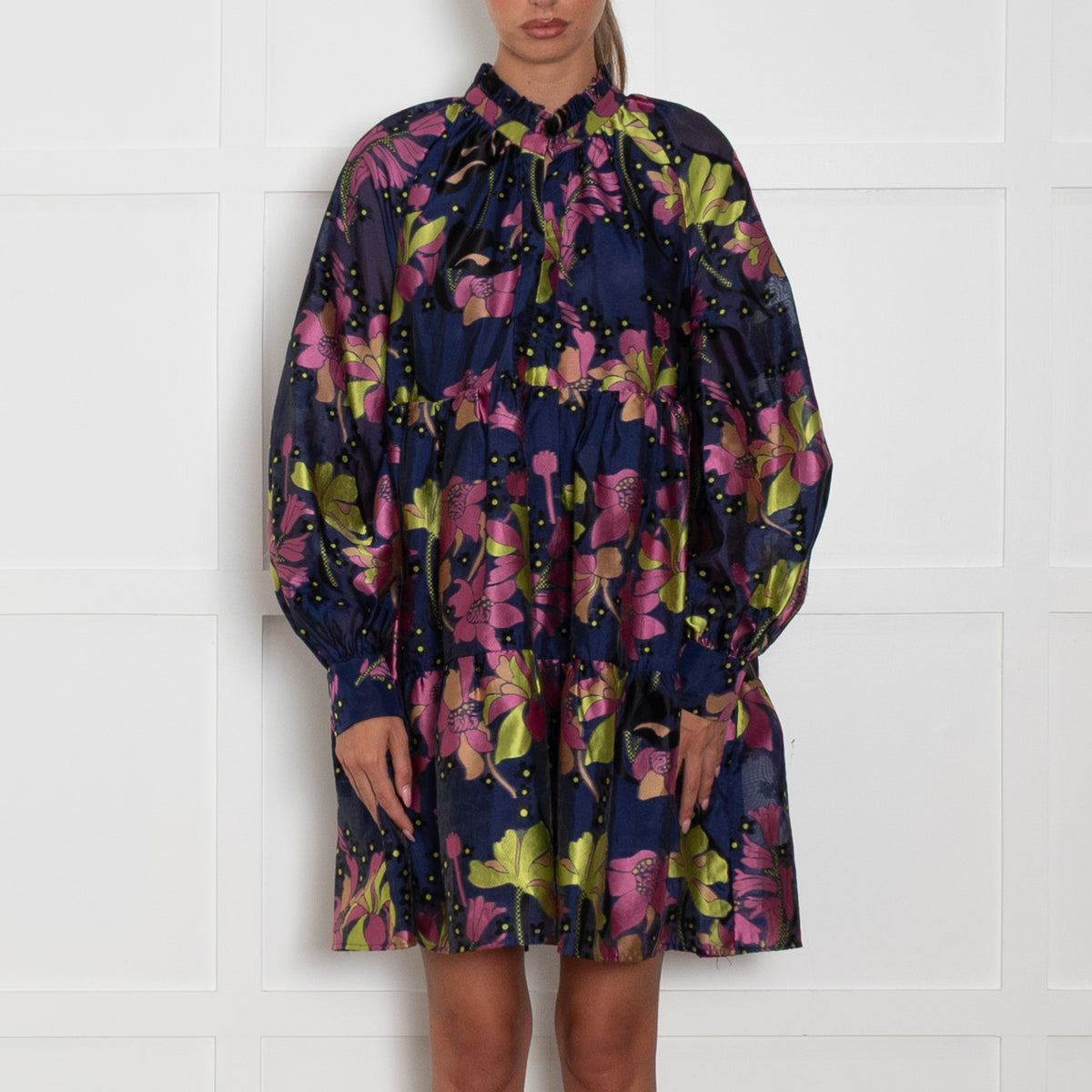 Stine Goya Blue and Pink Tiered Mini Dress