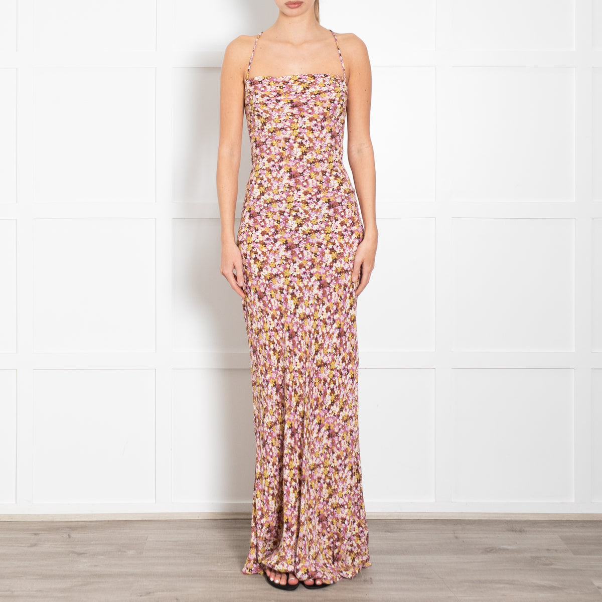 Faithfull The Brand Pink Brown Yellow Floral Maxi Dress With Lace Up Back