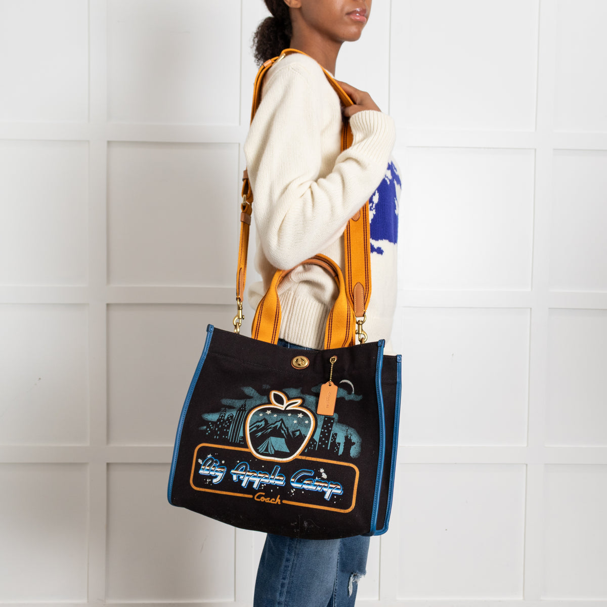 Coach Black Blue Big Apple Camp Print Canvas Tote Bag