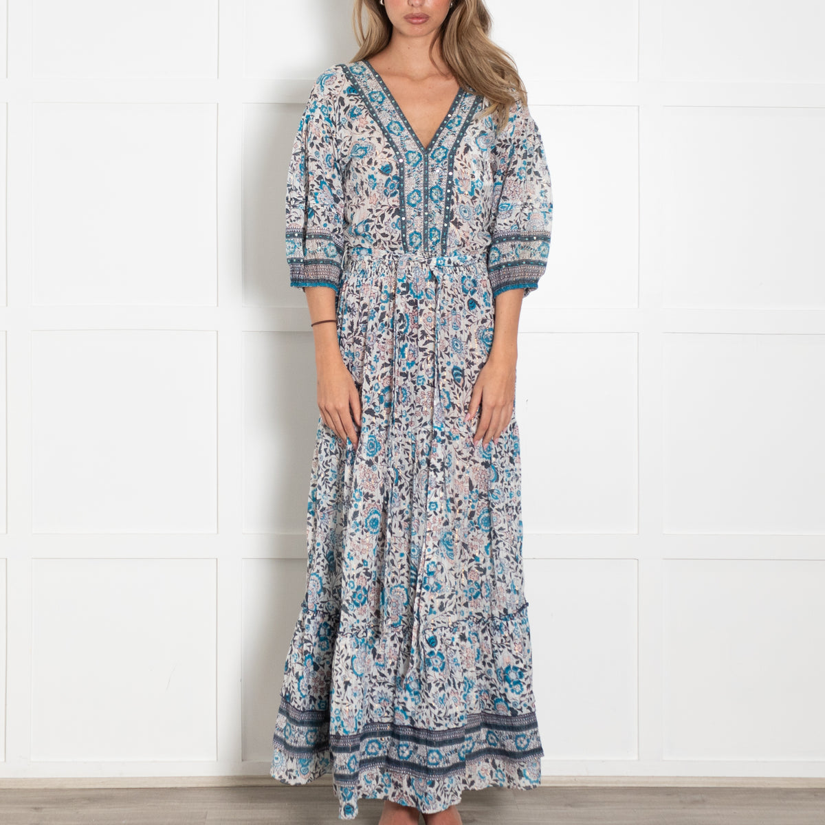 Poupette St Barth White Blue Floral Gold Lurex Stripe Maxi Dress