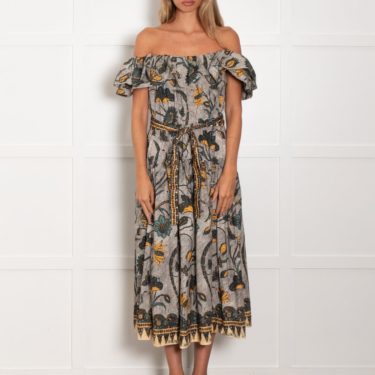 Ulla Johnson White Green Yellow Floral Off The Shoulder Ruffle Dress
