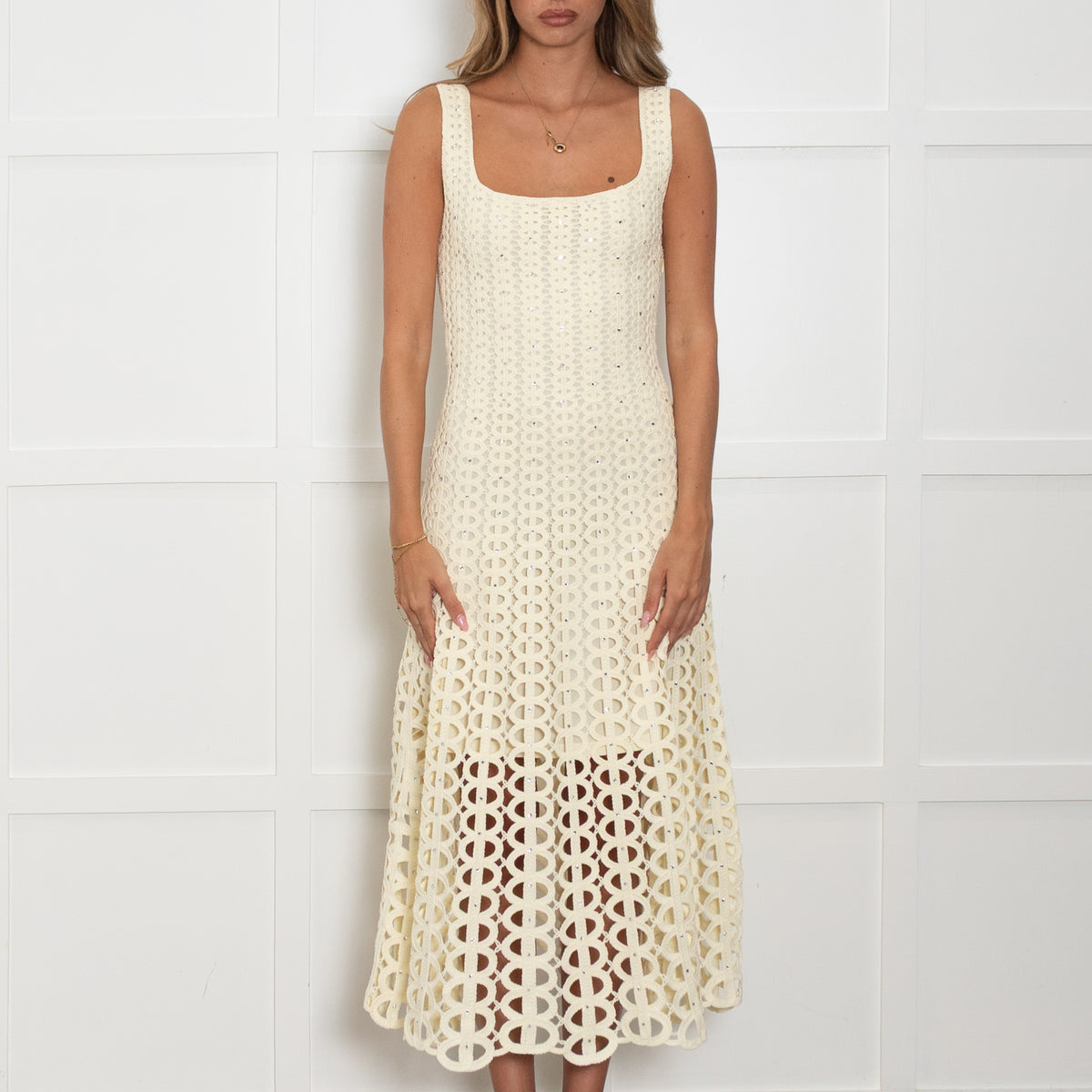 Maje Butter Yellow Crochet Crystal Midi Dress