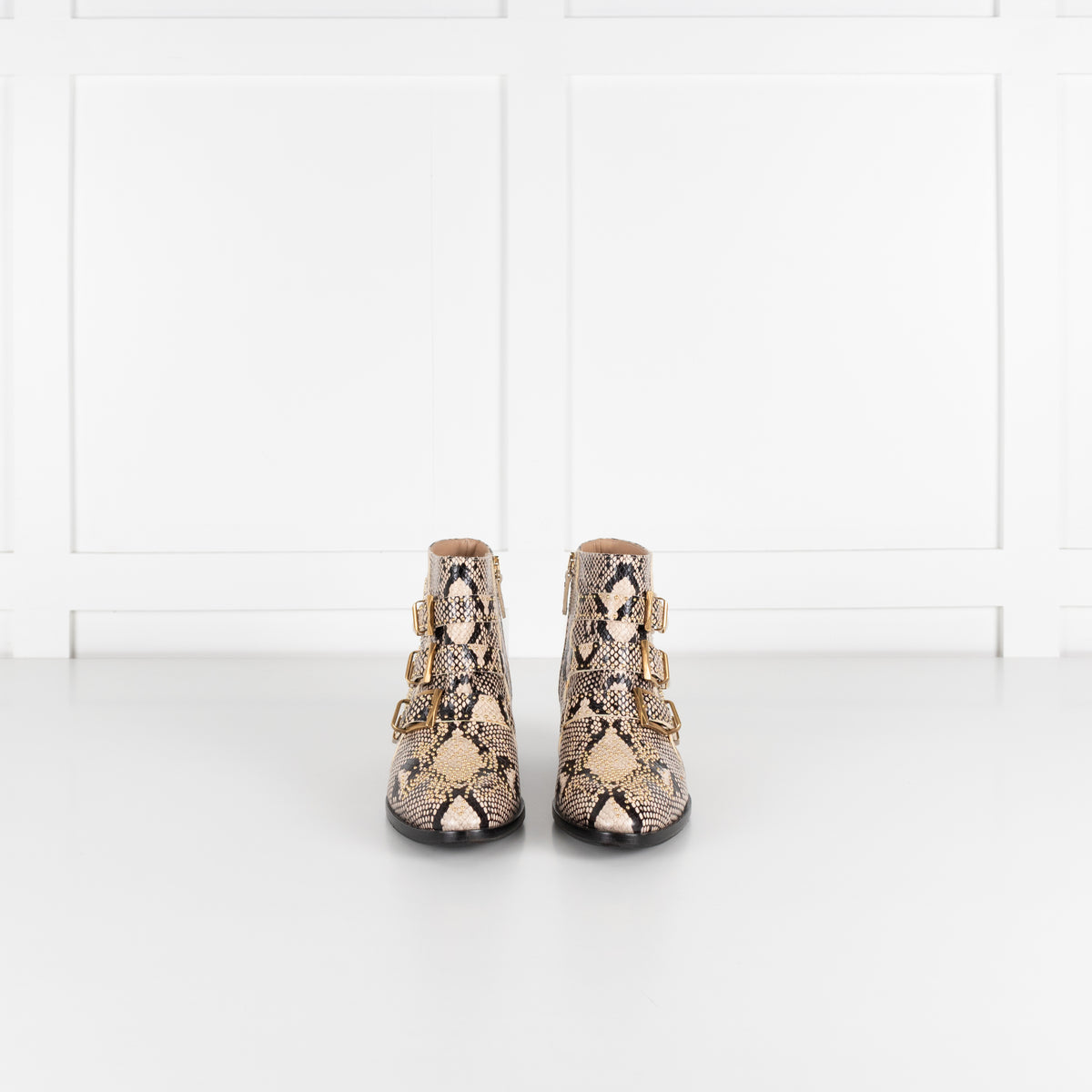 Chloe Beige Black Animal Print Leather Gold Stud Suzanna Ankle Boots