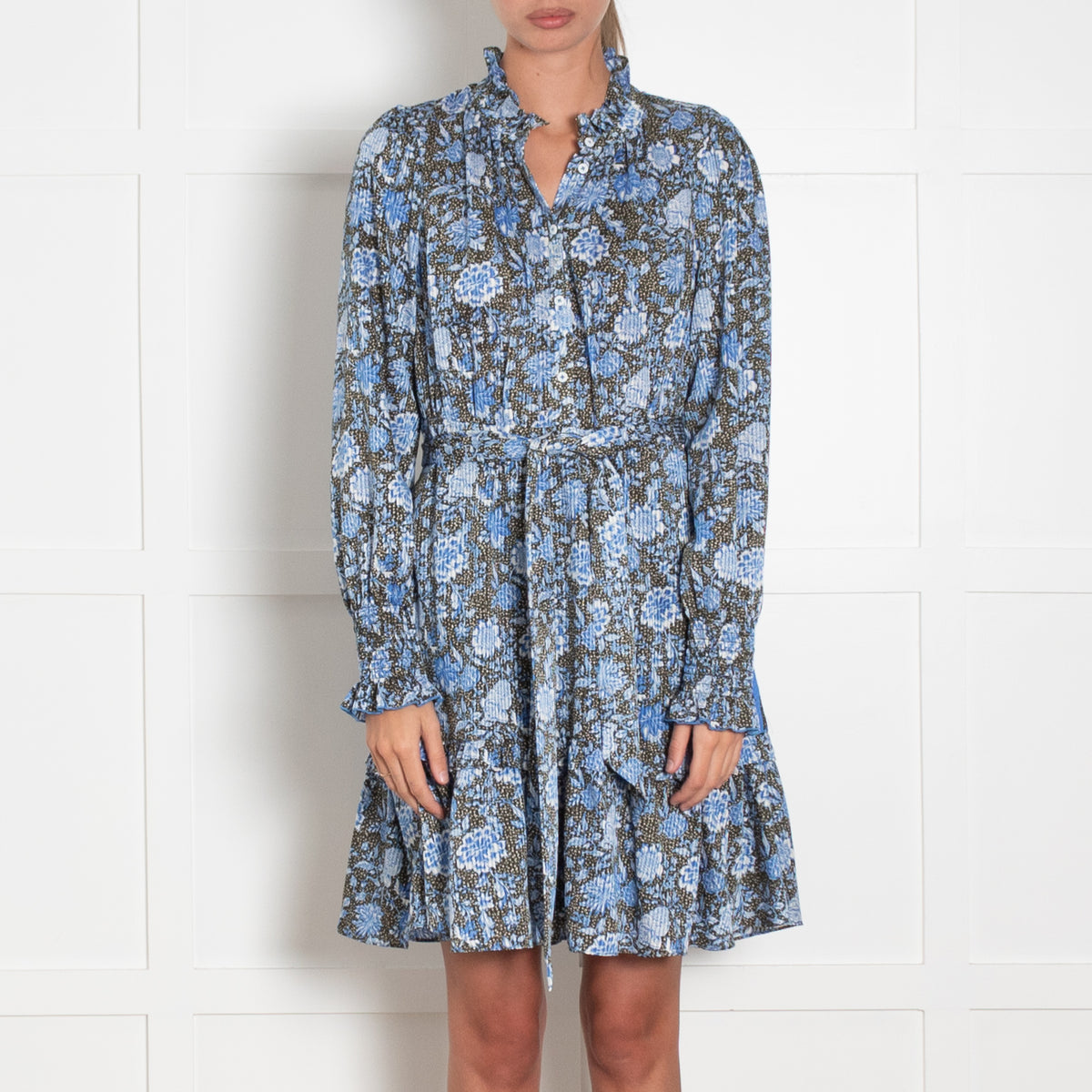 Me + Em Khaki Blue White Floral Frill Detail Mini Dress