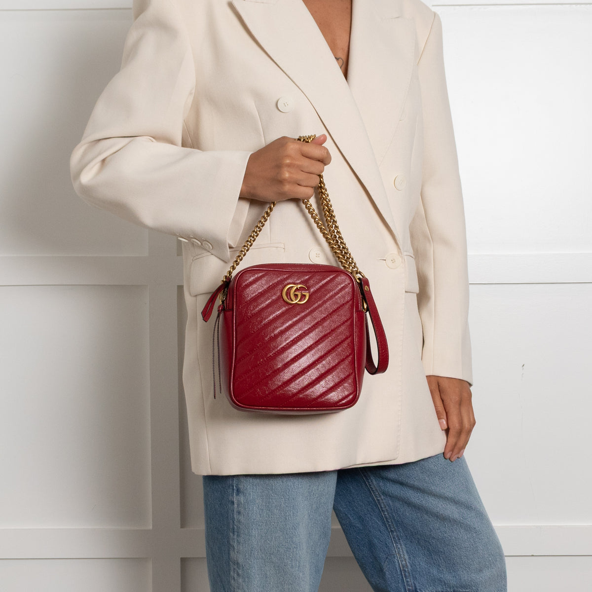 Gucci Red GG Marmont Matelasse Double Zip Crossbody