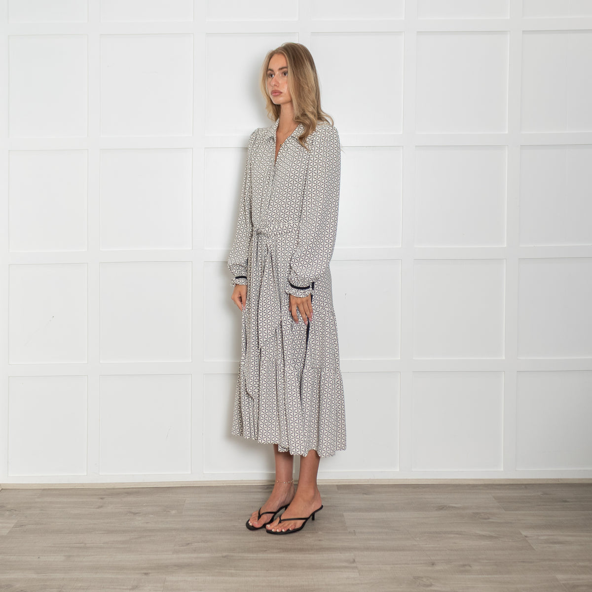 Me + Em Geometric Green and White Maxi Dress with Tie