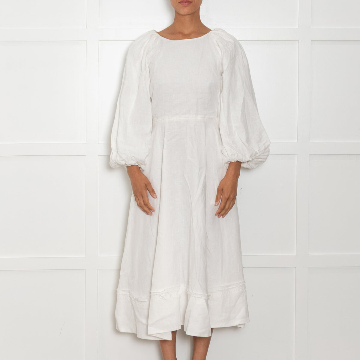 Ssone Cream Linen Puff Sleeve Raw Edge Open Back Dress