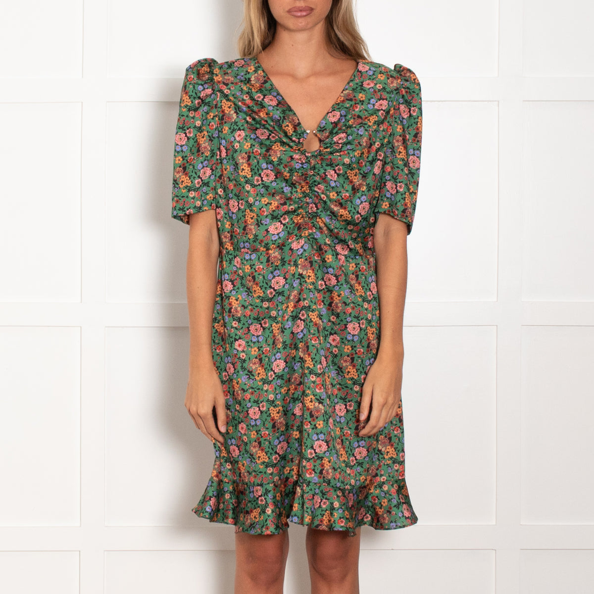 Sandro Green Orange Flower Mix V Neck Bottom Frill
