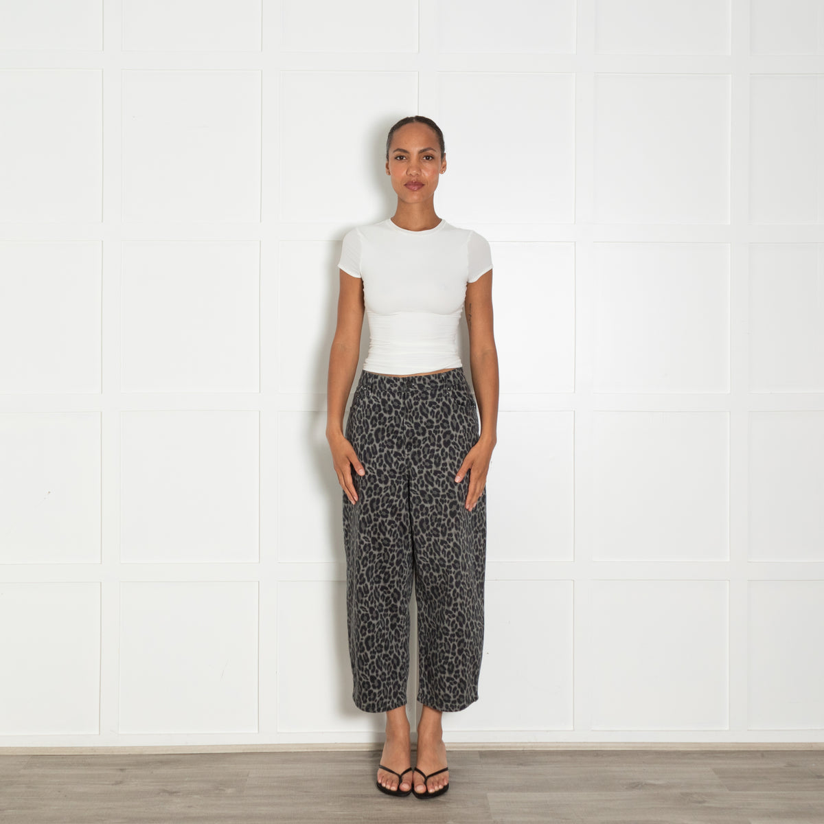 Wyse Grey Green Animal Print Denim Trousers