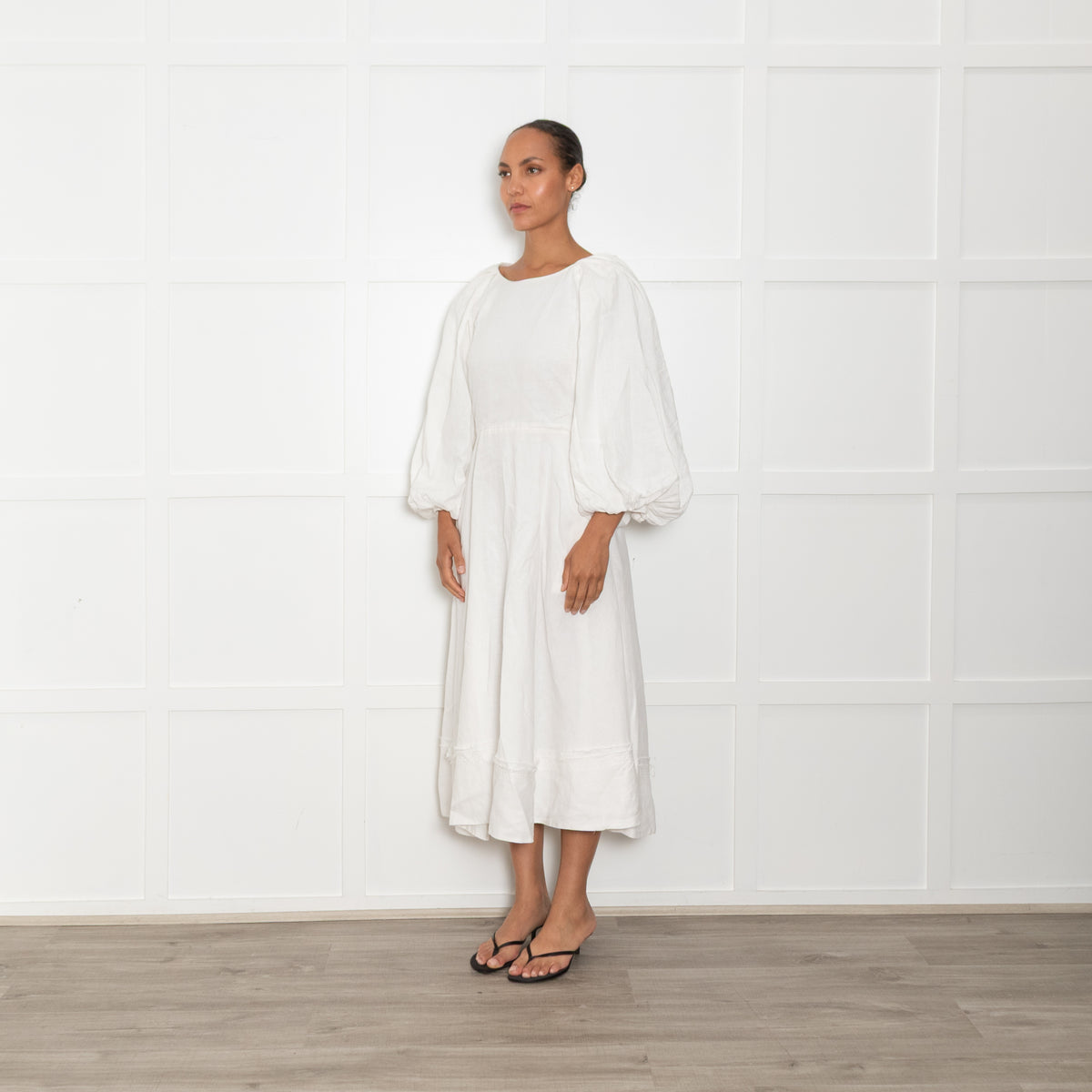Ssone Cream Linen Puff Sleeve Raw Edge Open Back Dress