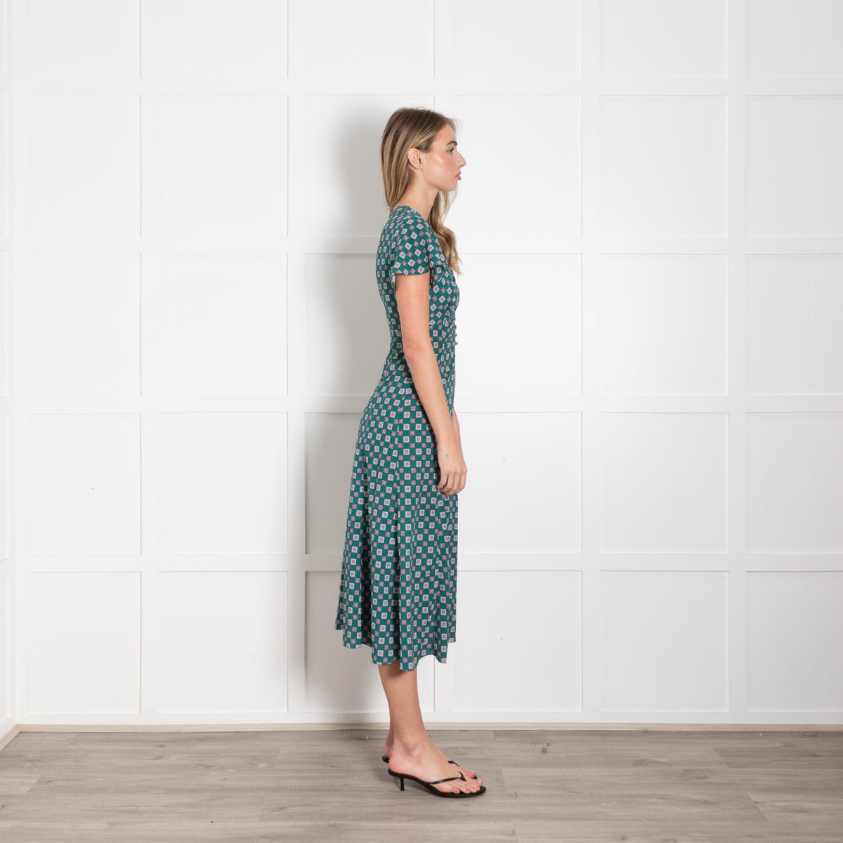 Sandro Green Burgundy Geometric Print V-Neck Midi Dress