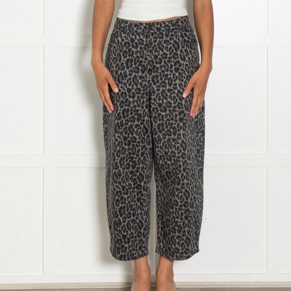 Wyse Grey Green Animal Print Denim Trousers