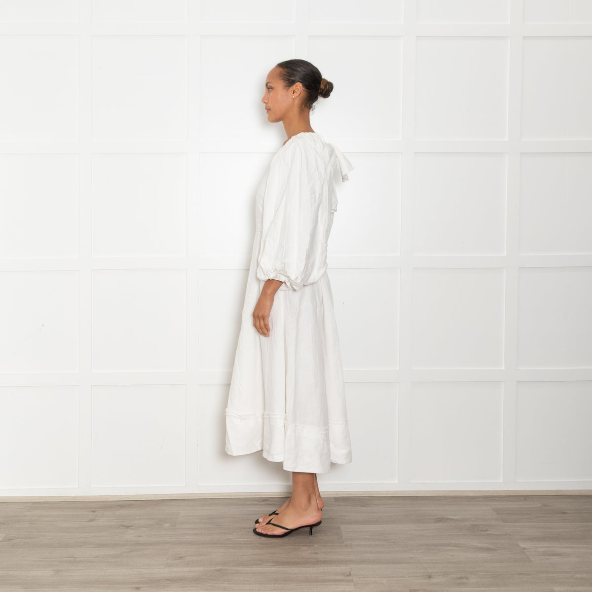 Ssone Cream Linen Puff Sleeve Raw Edge Open Back Dress