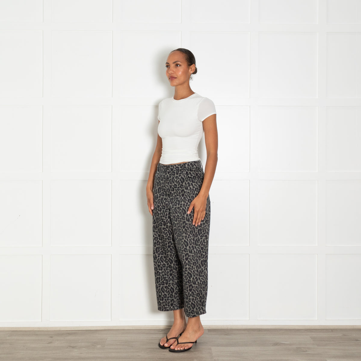 Wyse Grey Green Animal Print Denim Trousers