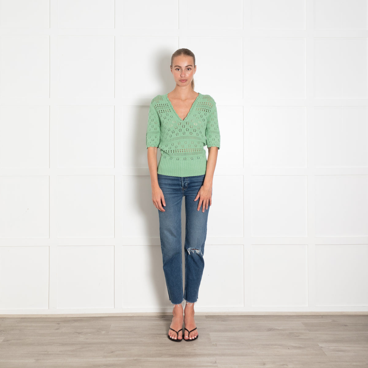 Sandro Sage Green Open Knit Short Sleeve Jumper