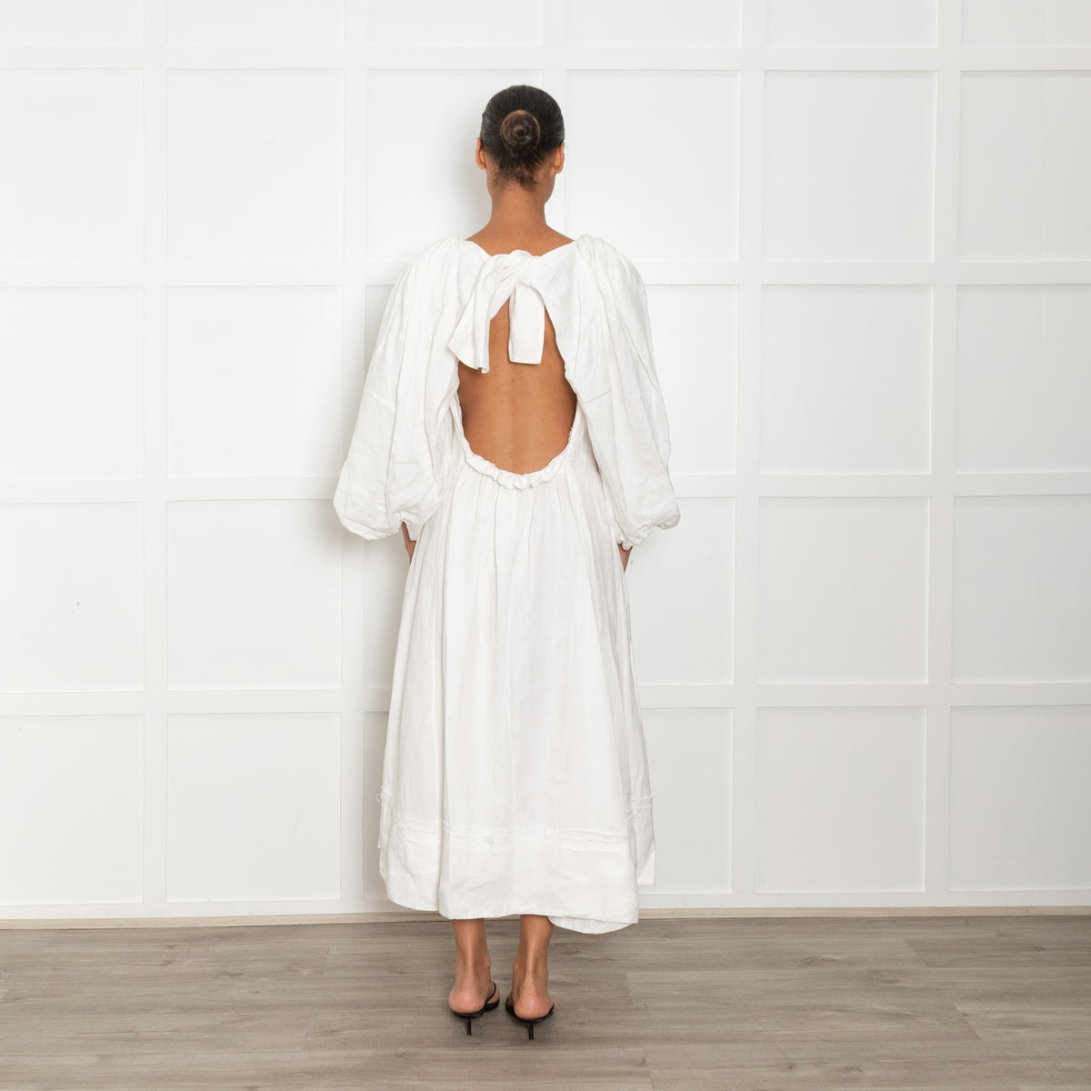 Ssone Cream Linen Puff Sleeve Raw Edge Open Back Dress