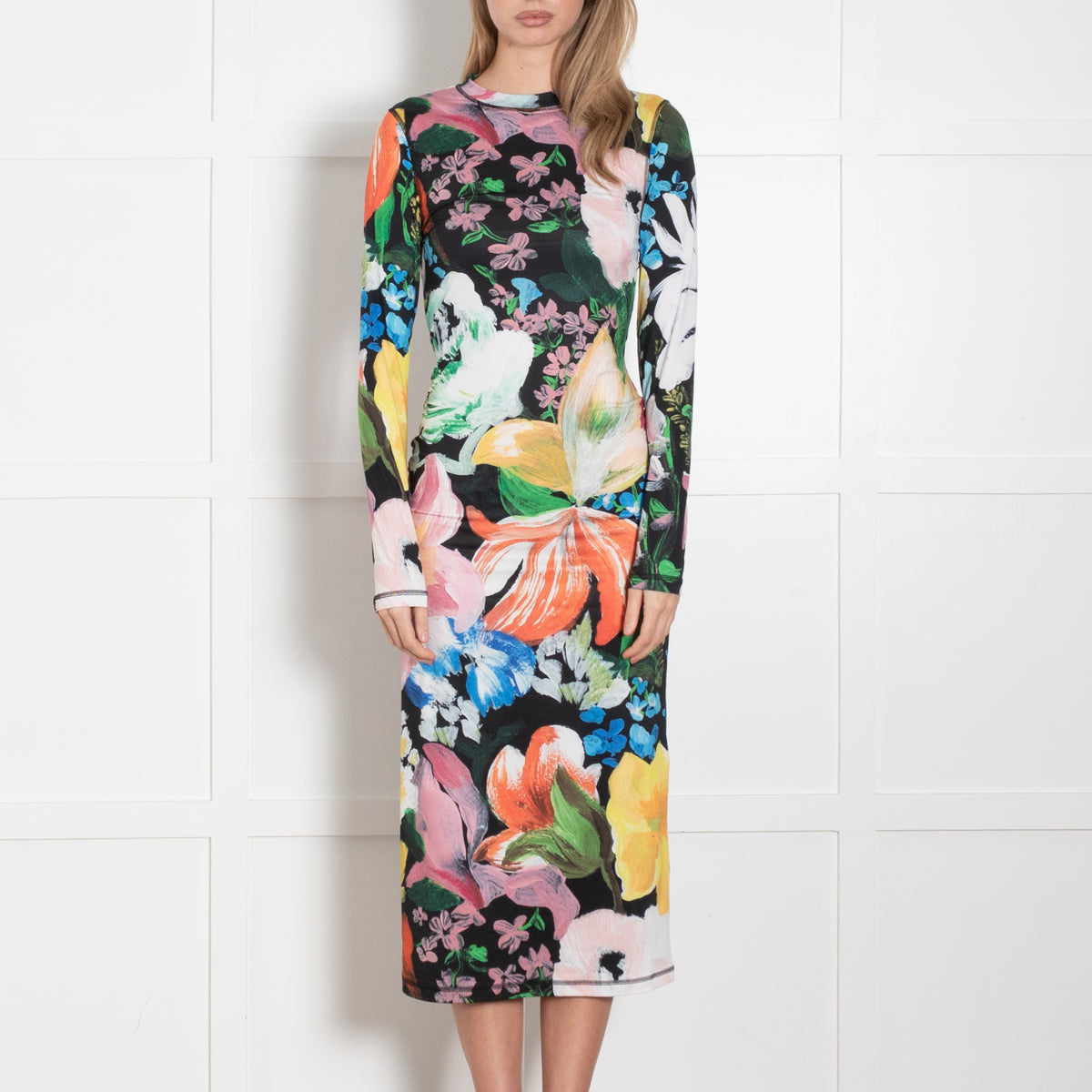 Stine Goya Black Multi Colour Floral Stretchy Long Dress