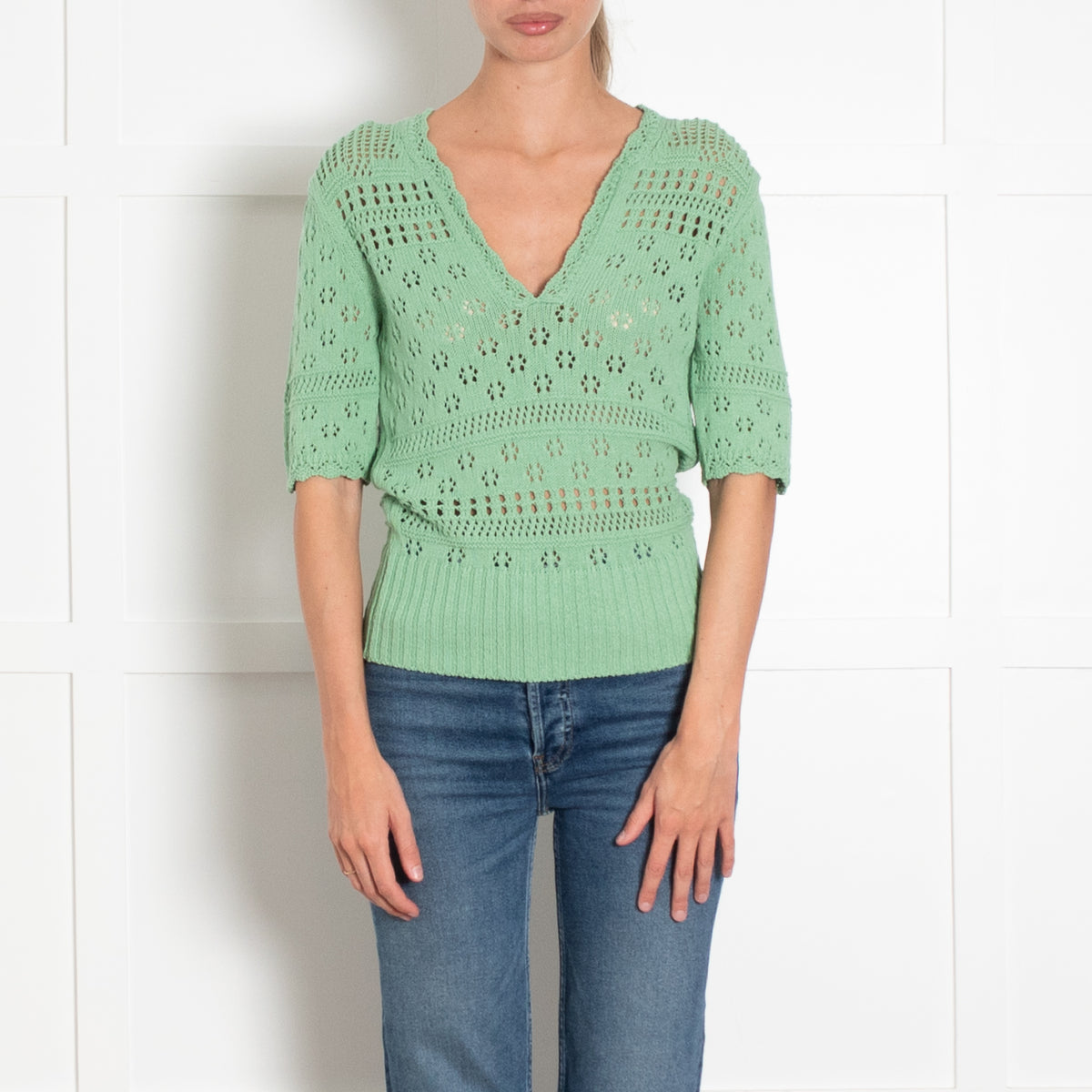 Sandro Sage Green Open Knit Short Sleeve Jumper