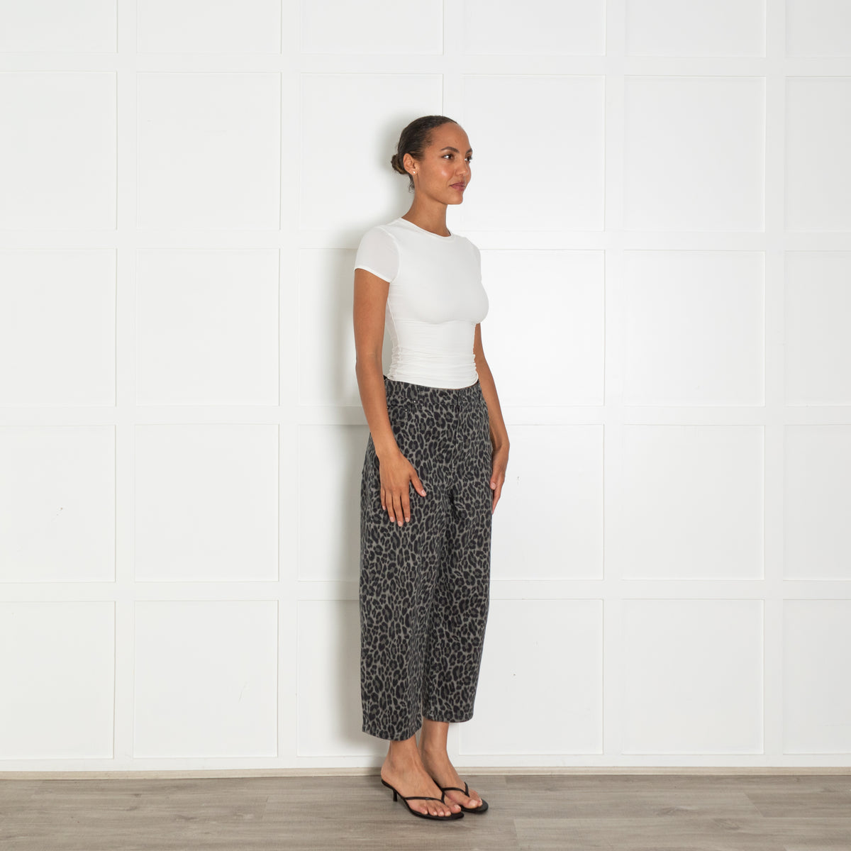 Wyse Grey Green Animal Print Denim Trousers