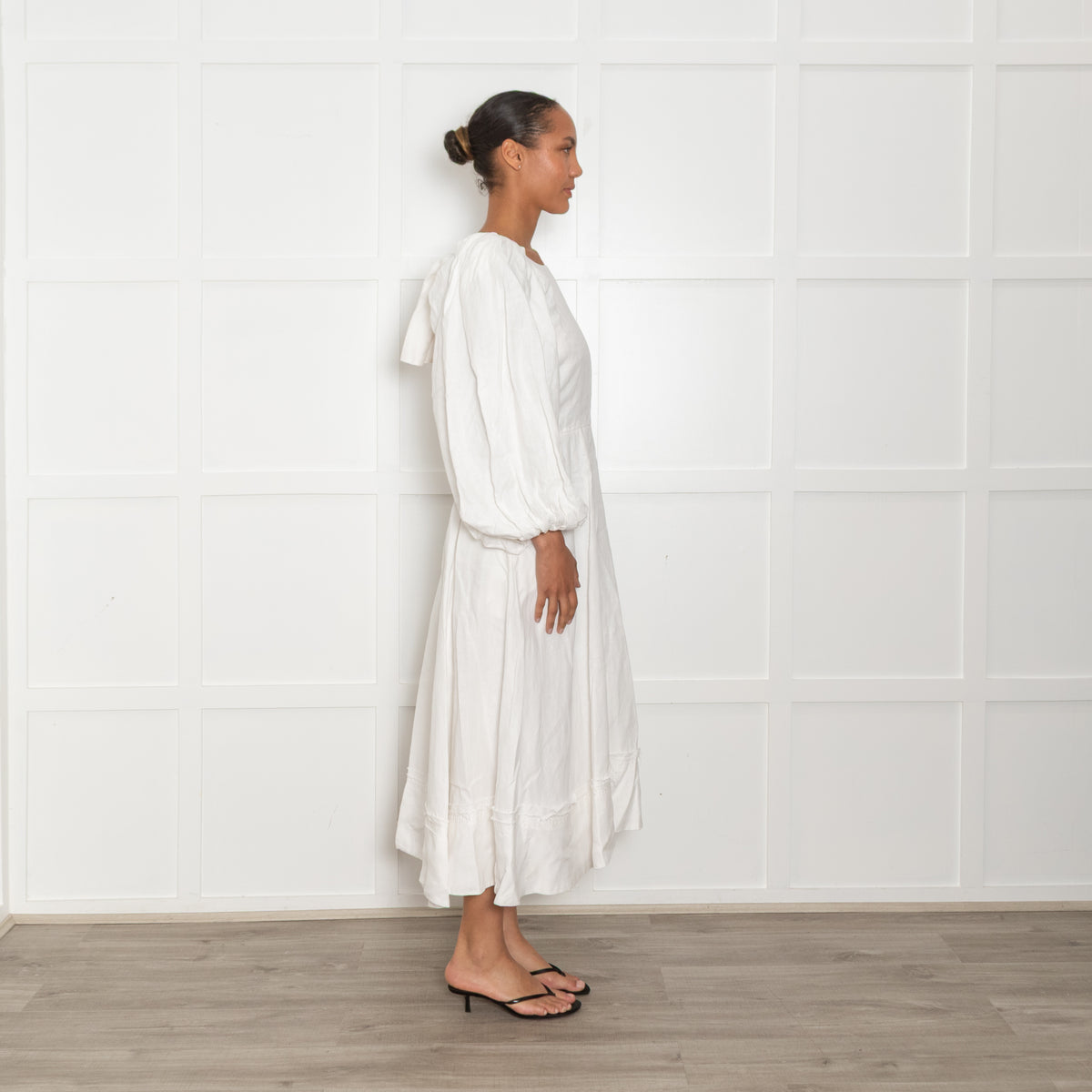 Ssone Cream Linen Puff Sleeve Raw Edge Open Back Dress