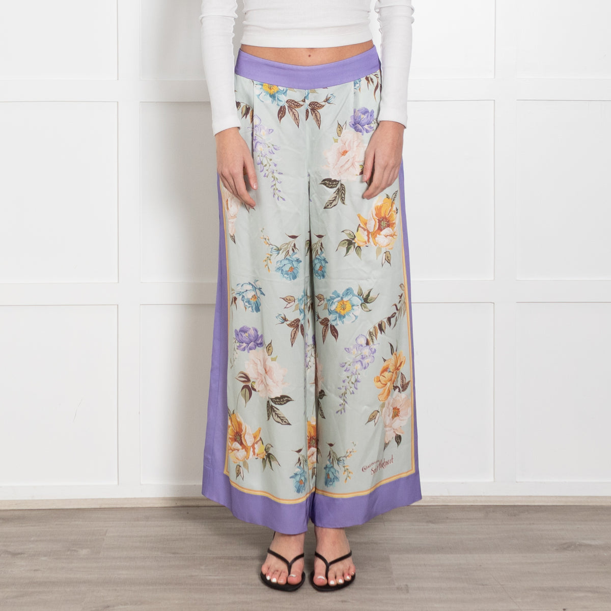 Self Portrait Purple Edge Light Turquoise Flower Mix Wide Trousers