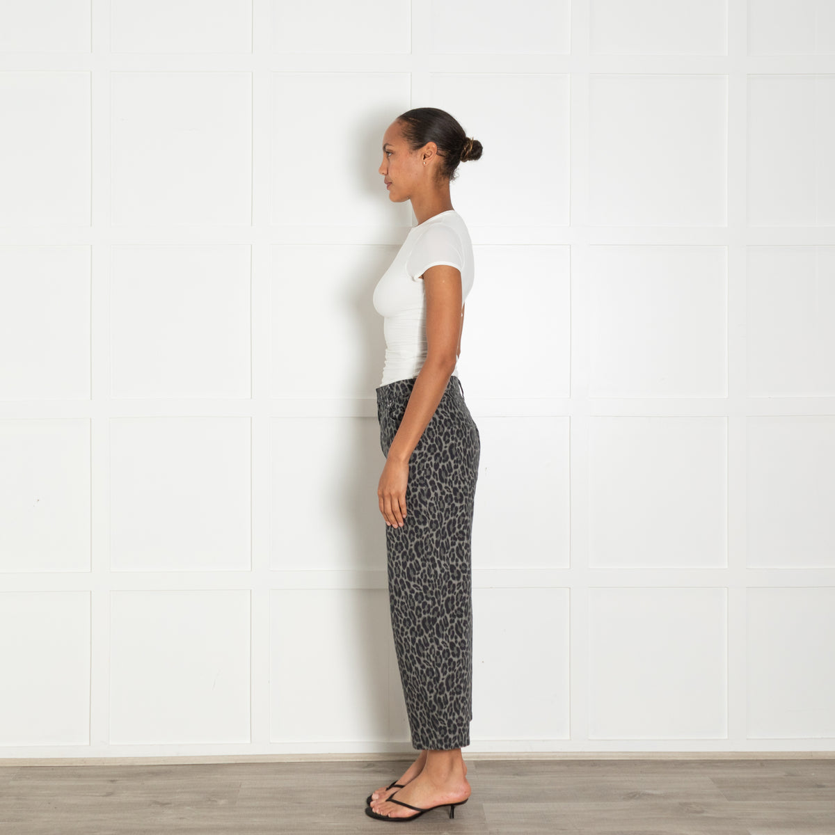 Wyse Grey Green Animal Print Denim Trousers