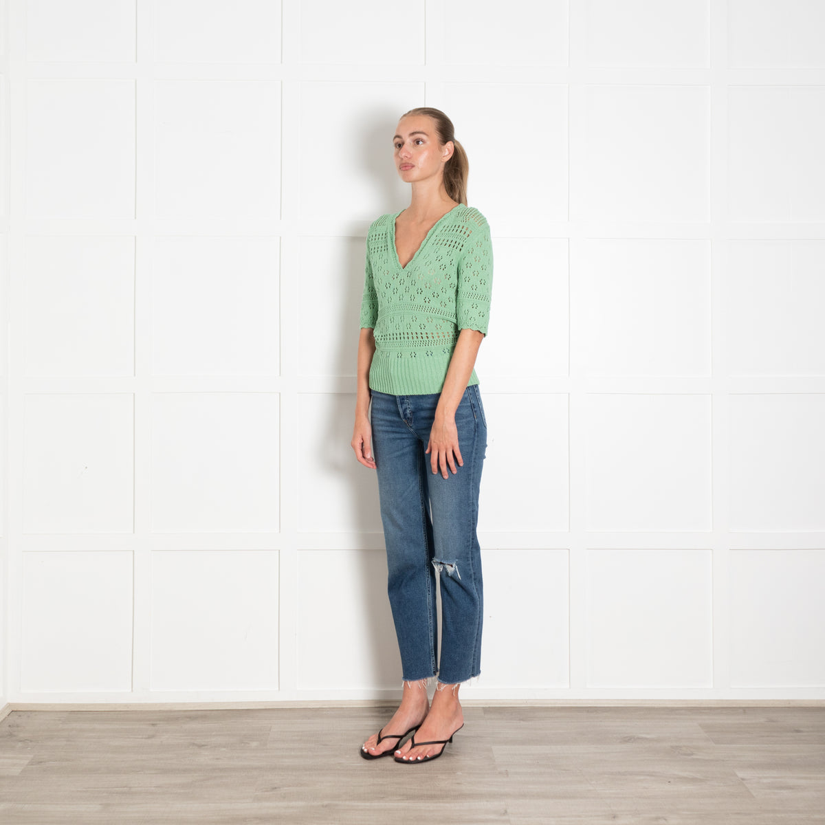 Sandro Sage Green Open Knit Short Sleeve Jumper