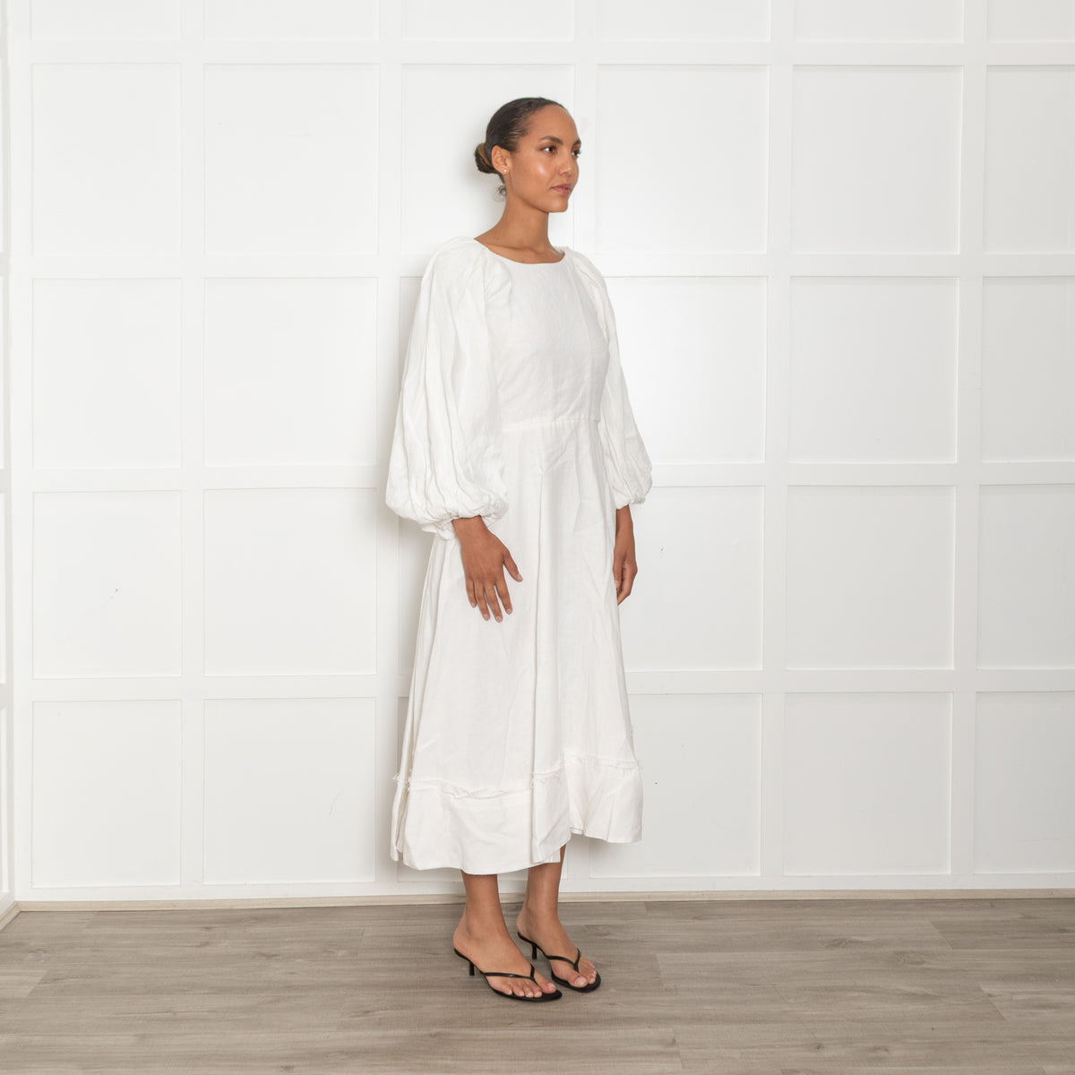 Ssone Cream Linen Puff Sleeve Raw Edge Open Back Dress