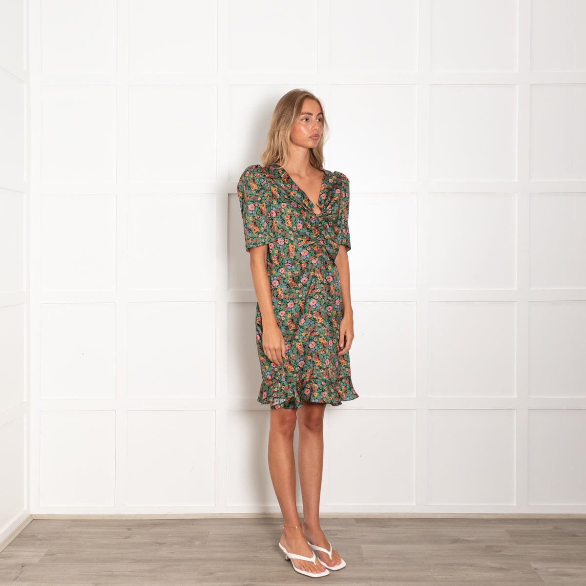 Sandro Green Orange Flower Mix V Neck Bottom Frill