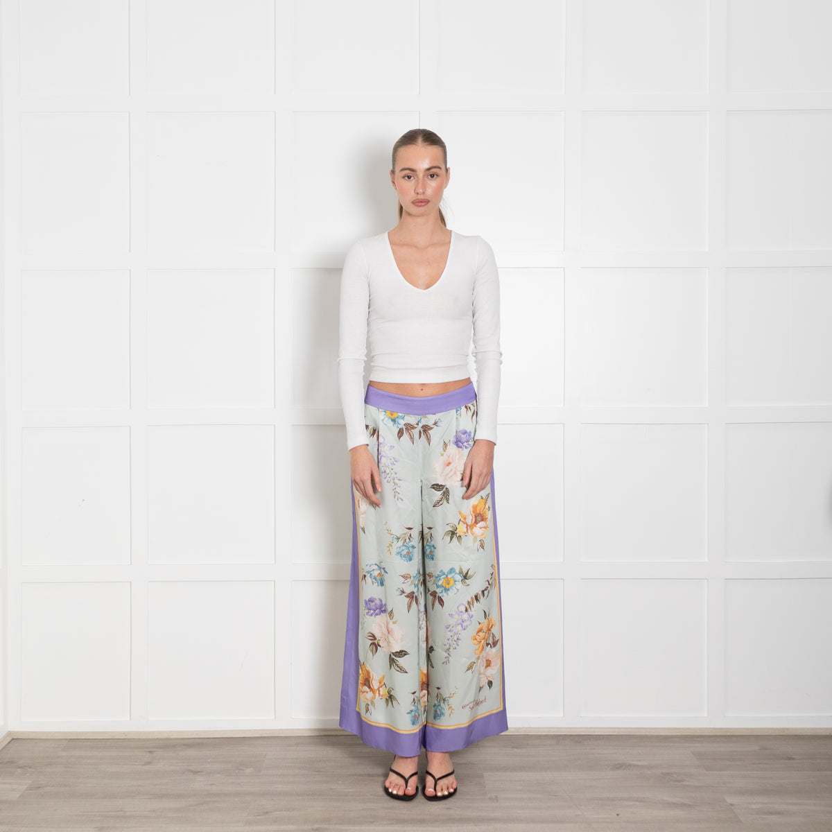 Self Portrait Purple Edge Light Turquoise Flower Mix Wide Trousers