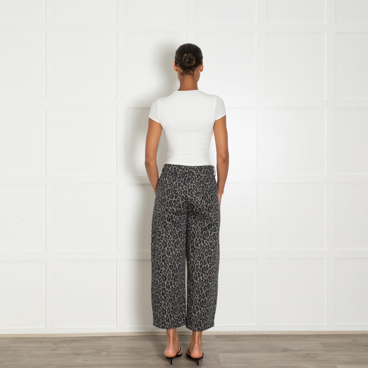 Wyse Grey Green Animal Print Denim Trousers