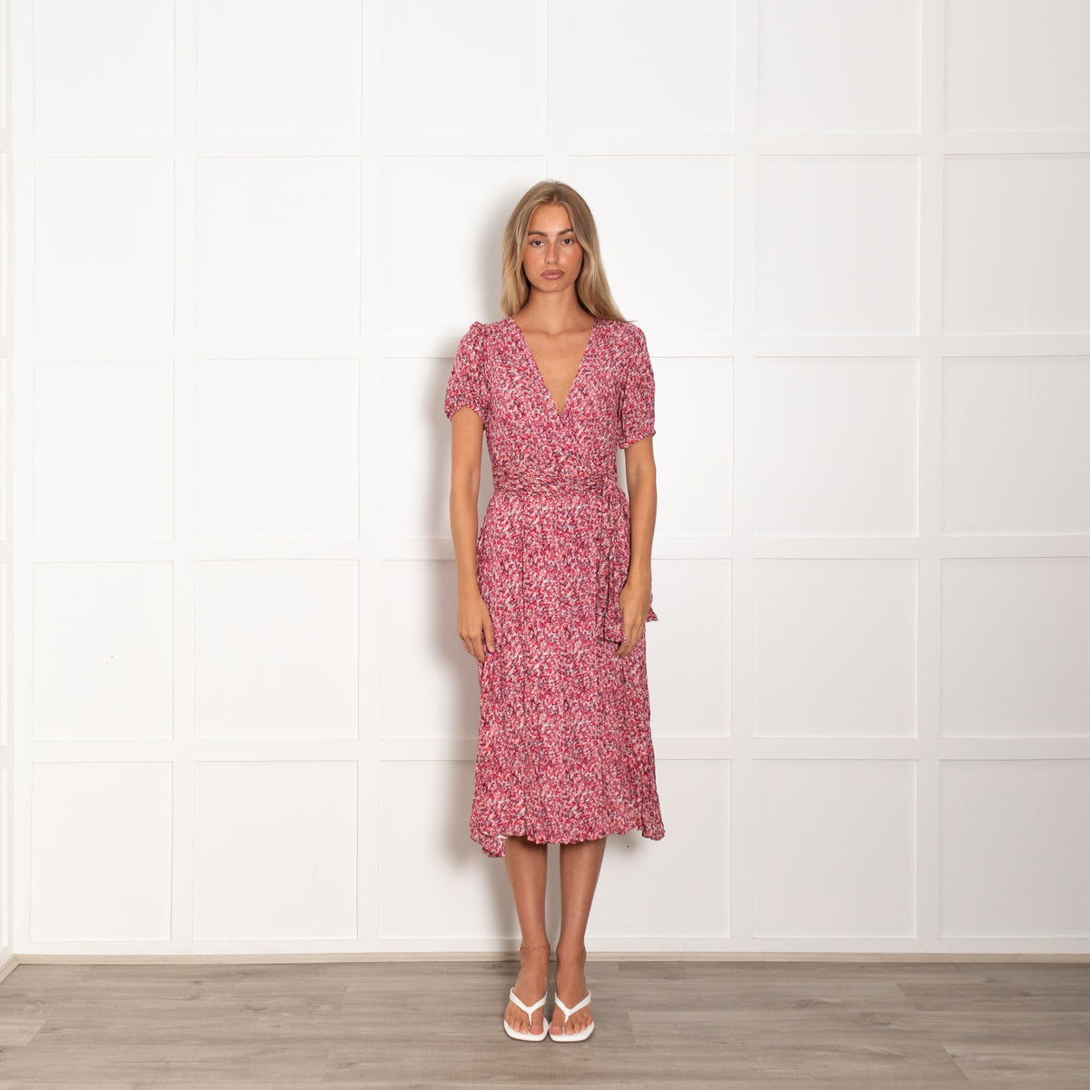 Ba&Sh Pink Red Ditzy Floral Wrap Short Sleeve Dress